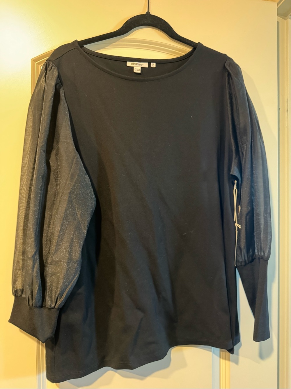 Chico's Black Puff-Sleeve Knit Top with Sheer Sleeves NWT